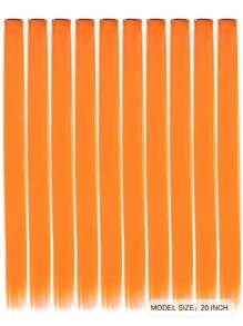 10片彩色夹式接发，20英寸直发合成假发，夹式假发片，适用于万圣节装扮、圣诞节、派对、音乐节、新年礼物，女士（红色） - 橘色 - 查看 3
