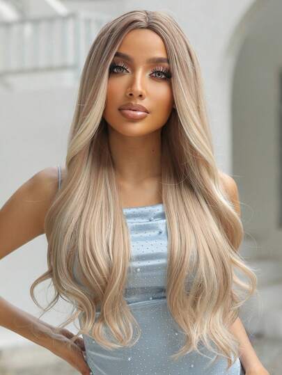 28 Inch Long Ombre Brown Wavy Curly Synthetic Wig, Middle Part Light Golden Curly Hair, Suitable For Women's Daily, Party, Cosplay And Other Occasions. (Pay Attention To How You Wear And Care For It, Due To Lighting And Angle During Photography, The Actual Product May Have Slight Color Differences Compared To The Images.)