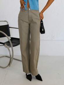 SHEIN Solid Straight Leg Jeans - Army Green - View 3