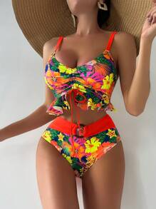 SHEIN Swim Bañador bikini con estampado floral con cordón bajo con fruncido - Multicolor - Ver 1