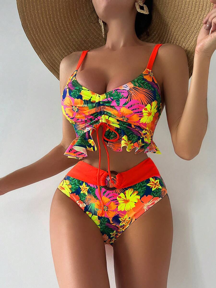 SHEIN Swim Bañador bikini con estampado floral con cordón bajo con fruncido - Multicolor - Ver 1