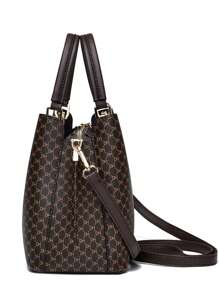 复古图案水桶包经典斜挎包简约百搭女士上班包字母图案方形包双手柄PU材质适合女性、职场新秀和白领人士，最佳母亲节礼物创意，母亲节礼物，妈妈礼物，妈妈必备品，外出妈妈包 - 彩色 - 查看 4