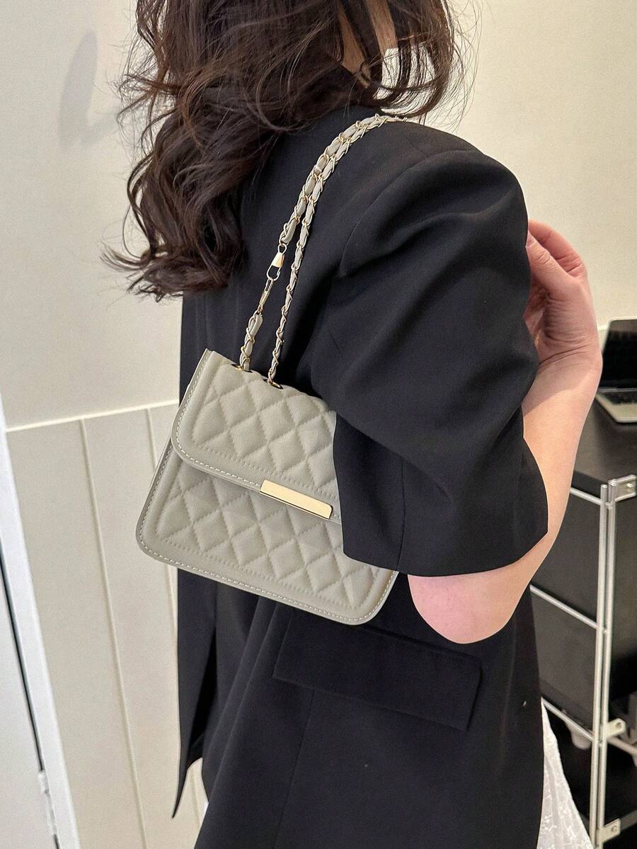 Mini Square Bag Quilted Chain Flap PU - Green - View 1