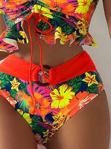 SHEIN Swim Bañador bikini con estampado floral con cordón bajo con fruncido - Multicolor - Ver 3
