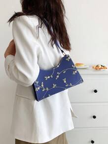1pc Embroidery Fashionable Shoulder Bag With Zipper Closure Suitable For Women's Daily Outfits - Blue - View 7