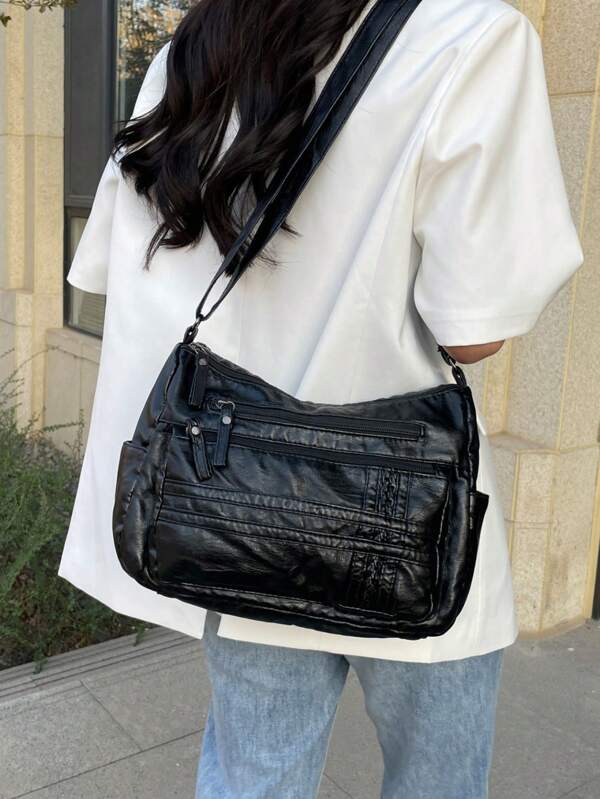 Zip Front Hobo Bag PU Black