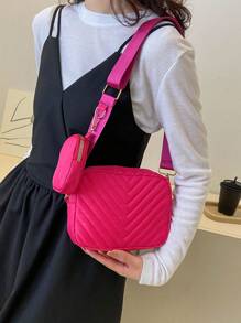 Mini Square Bag With Coin Purse Nylon Chevron Neon Pink Funky - Hot Pink - View 2