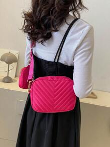 Mini Square Bag With Coin Purse Nylon Chevron Neon Pink Funky - Hot Pink - View 4