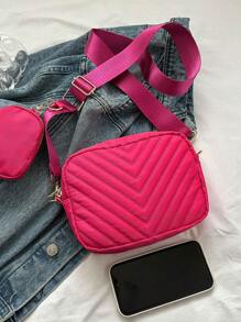 Mini Square Bag With Coin Purse Nylon Chevron Neon Pink Funky - Hot Pink - View 6