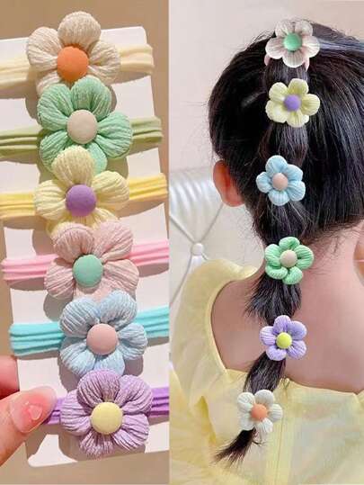 6 dây buộc tóc hoa cho trẻ em, dây buộc tóc liền mạch, phụ kiện tóc hoa dễ thương cho học sinh