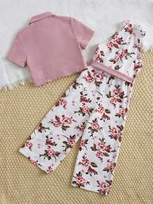 SHEIN Toddler Girls Floral Print Belted Cami Jumpsuit & Blouse - Multicolor - View 2