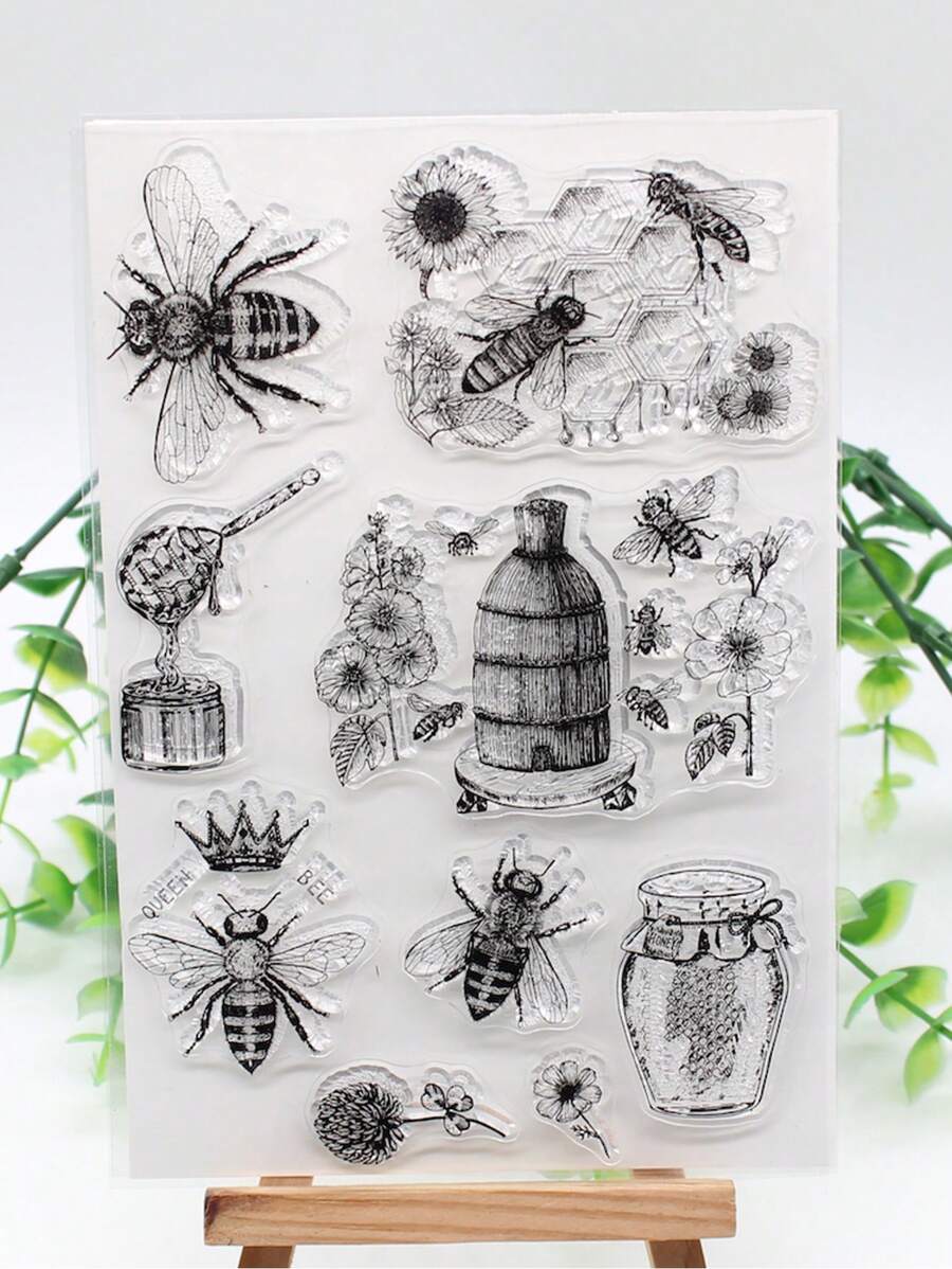 1pc Bee & Flower Pattern Transparent Stamp, Simple Multi-purpose Seal For Scrapbooking, Card Making, DIY Craft - Black - View 1