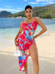 SHEIN SXY Bộ đồ hai mảnh nữ Bất đối xứng xoắn lại Tách cao Cà vạt nhuộm Boho - Nhiều màu - Xem 2