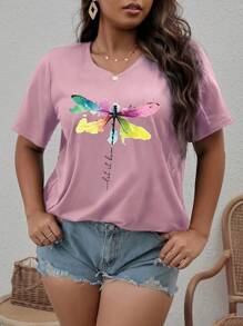 SHEIN LUNE Áo thun Plus size Thú vật Lá thư Giải trí - Hồng - Xem 1