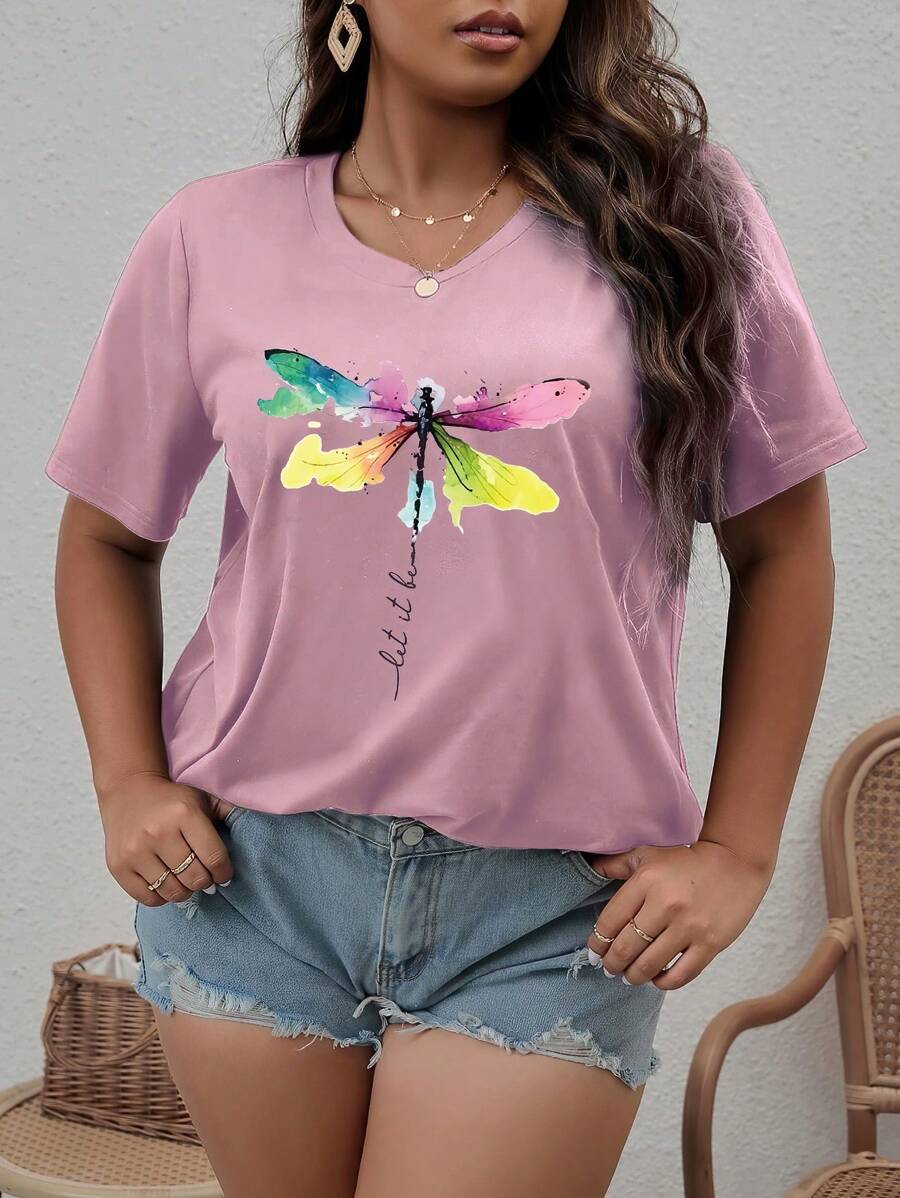 SHEIN LUNE Áo thun Plus size Thú vật Lá thư Giải trí - Hồng - Xem 1