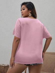 SHEIN LUNE Áo thun Plus size Thú vật Lá thư Giải trí - Hồng - Xem 2