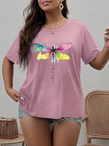 SHEIN LUNE Áo thun Plus size Thú vật Lá thư Giải trí - Hồng - Xem 3