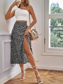 SHEIN Frenchy One Shoulder Crop Top & Ditsy Floral Split Thigh Skirt Summer Black - Black - View 3