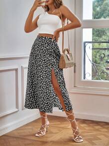 SHEIN Frenchy One Shoulder Crop Top & Ditsy Floral Split Thigh Skirt Summer Black - Black - View 4