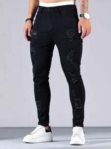 Manfinity LEGND Men Cotton Ripped Frayed Skinny Jeans - Black - View 3