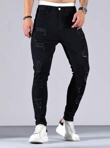 Manfinity LEGND Men Cotton Ripped Frayed Skinny Jeans - Black - View 5