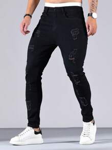 Manfinity LEGND Men Cotton Ripped Frayed Skinny Jeans - Black - View 7