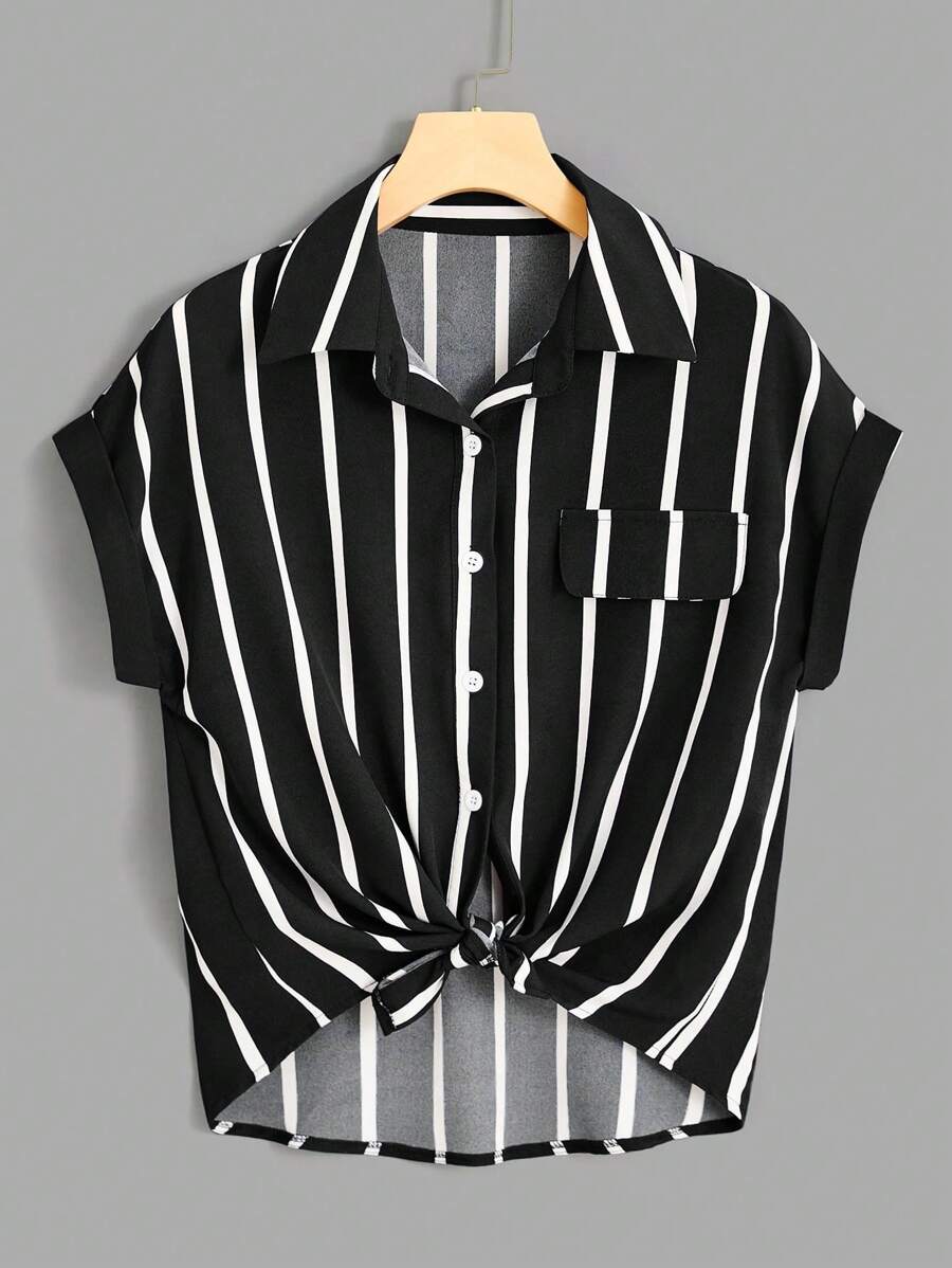 INAWLY Blusa de manga tipo murciélago con estampado a rayas, blusas de manga corta - Blanco y Negro - Ver 1