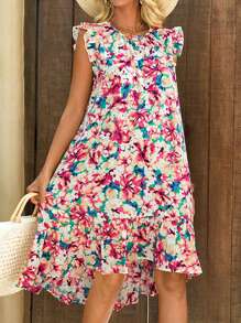 SHEIN LUNE Allover Floral Print Ruffle Trim Hidden Pocket Smock Dress - Multicolor - View 3