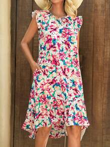 SHEIN LUNE Allover Floral Print Ruffle Trim Hidden Pocket Smock Dress - Multicolor - View 4