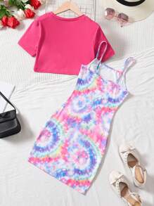 SHEIN 女孩紮染吊帶洋裝和超短款T恤 - 彩色 - 查看 2