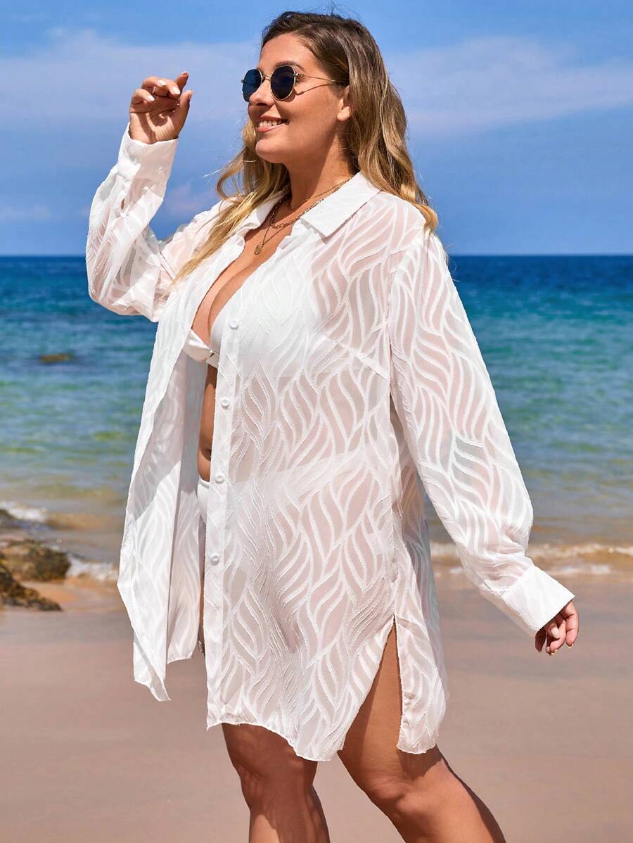 SHEIN Swim Curve Plus Button Front Split Hem Kimono - White - View 1
