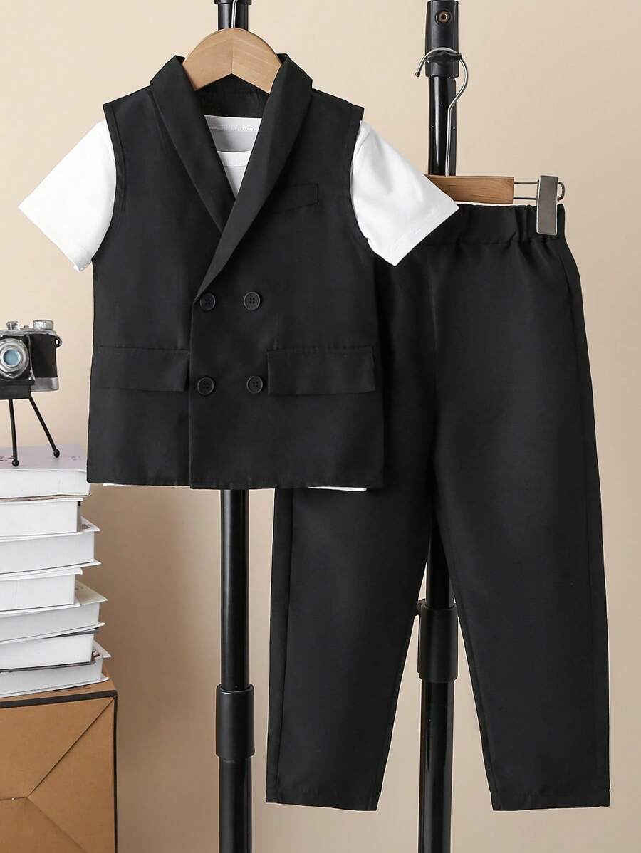 SHEIN Young Boy Solid Tee & Double Breasted Vest Coat & Trousers - Black - View 1