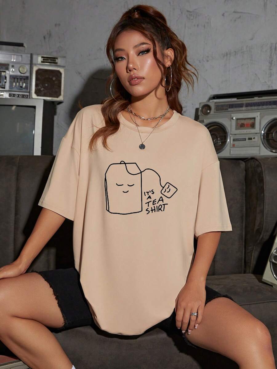 SHEIN EZwear 卡通和標語圖案落肩T恤 - 杏色 - 查看 1