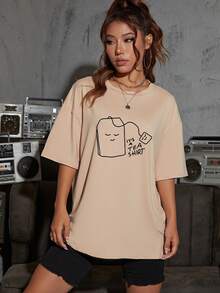 SHEIN EZwear 卡通和標語圖案落肩T恤 - 杏色 - 查看 3