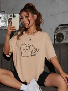 SHEIN EZwear 卡通和標語圖案落肩T恤 - 杏色 - 查看 6