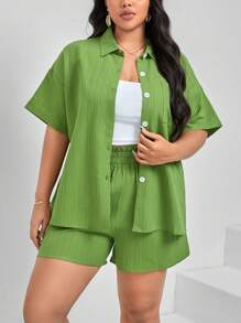 SHEIN Essnce Bộ thời trang Plus Size Nút phía trước Túi màu trơn Giải trí - màu xanh lá - Xem 4