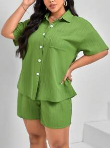 SHEIN Essnce Bộ thời trang Plus Size Nút phía trước Túi màu trơn Giải trí - màu xanh lá - Xem 6