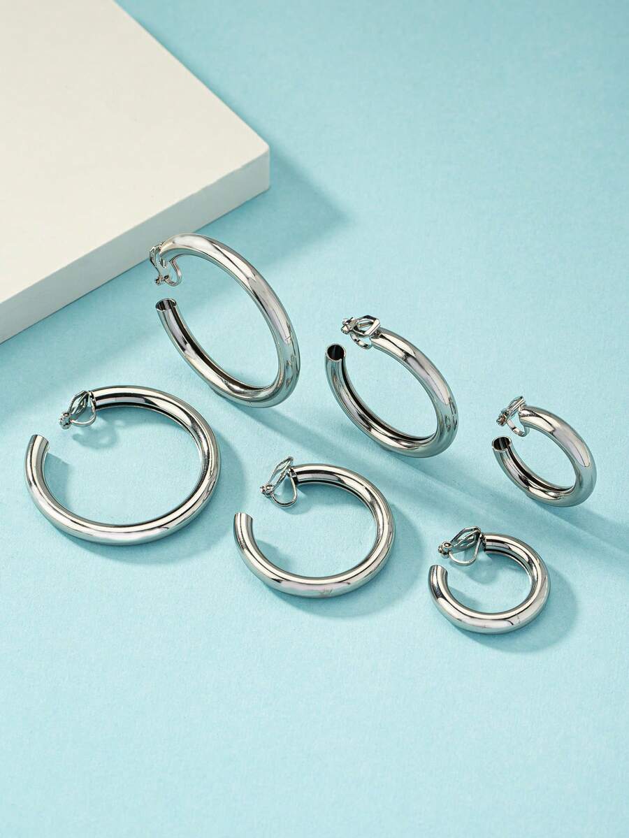 Bộ ba đôi bông tai hình tròn bằng kim loại cổ điển và một đôi bông tai hình bán nguyệt - Bạc - Xem 1