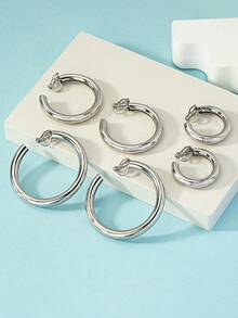 Bộ ba đôi bông tai hình tròn bằng kim loại cổ điển và một đôi bông tai hình bán nguyệt - Bạc - Xem 2