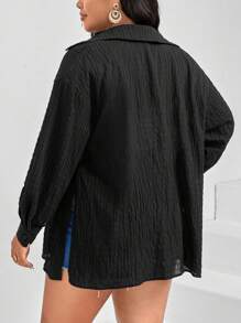 SHEIN Essnce Plus Drop Shoulder Button Front Shirt - Black - View 2
