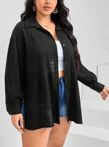 SHEIN Essnce Plus Drop Shoulder Button Front Shirt - Black - View 3