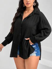 SHEIN Essnce Plus Drop Shoulder Button Front Shirt - Black - View 4