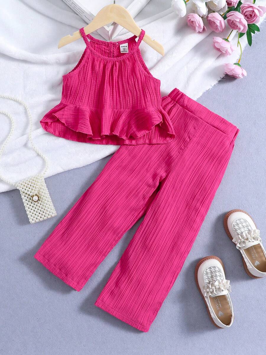 SHEIN Toddler Girls Ruffle Hem Halter Top & Wide Leg Trousers - Hot Pink - View 1