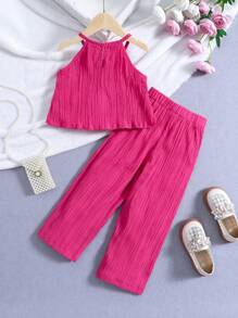 SHEIN Toddler Girls Ruffle Hem Halter Top & Wide Leg Trousers - Hot Pink - View 2