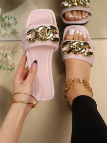 Women Metal Chain Decor Square Toe Flat Sandals, Fashionable Outdoor Slide Sandals - Pink - View 1