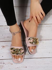 Women Metal Chain Decor Square Toe Flat Sandals, Fashionable Outdoor Slide Sandals - Pink - View 2