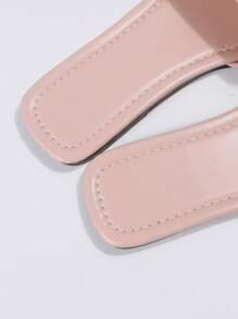 Women Metal Chain Decor Square Toe Flat Sandals, Fashionable Outdoor Slide Sandals - Pink - View 4