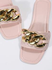 Women Metal Chain Decor Square Toe Flat Sandals, Fashionable Outdoor Slide Sandals - Pink - View 7