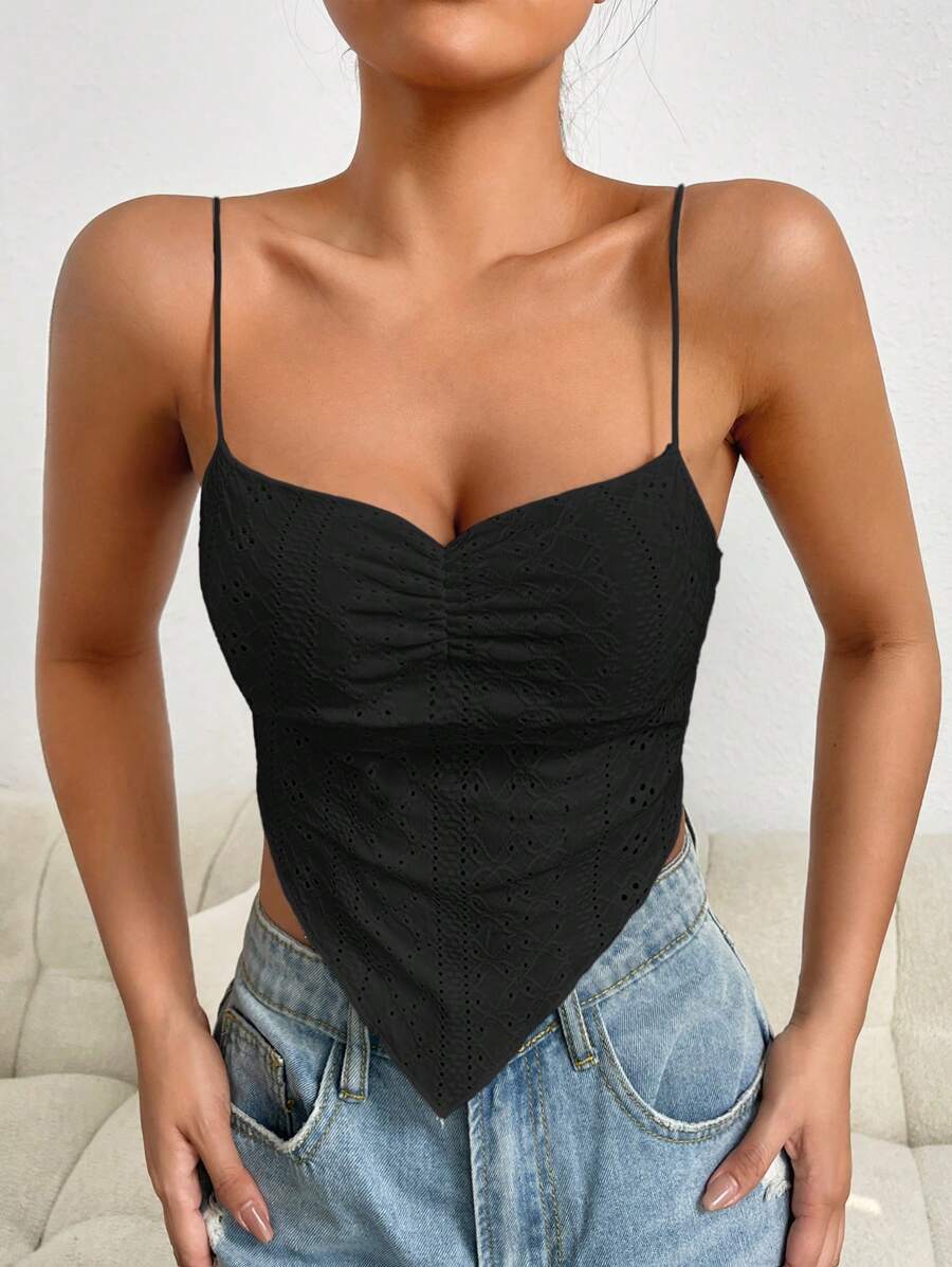 SHEIN Essnce 胸部褶皺手帕下擺吊帶上衣 - 黑色 - 查看 1