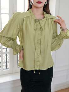 DAZY Tie Neck Flounce Sleeve Ruffle Trim Blouse - Green - View 4